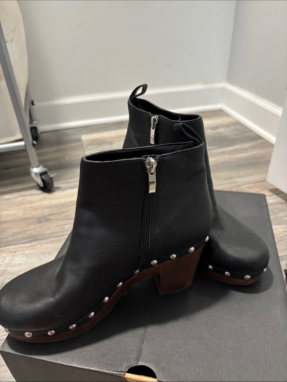 French Connection Black Studded Wood-Effect Heel Ankle Boots